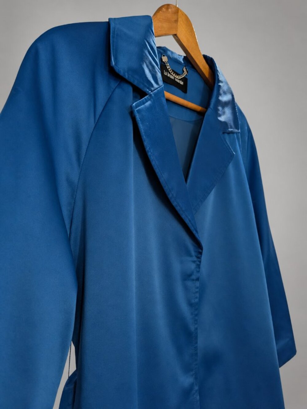 Royal Blue Satin Trench Coat Dress Belted 3/4 Sleeves Lined - Picture 6 of 8